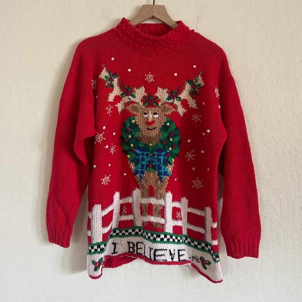 Vintage Beldoch Popper Chunky 3D Knit Ugly Christmas Sweater 1X Reindeer Red